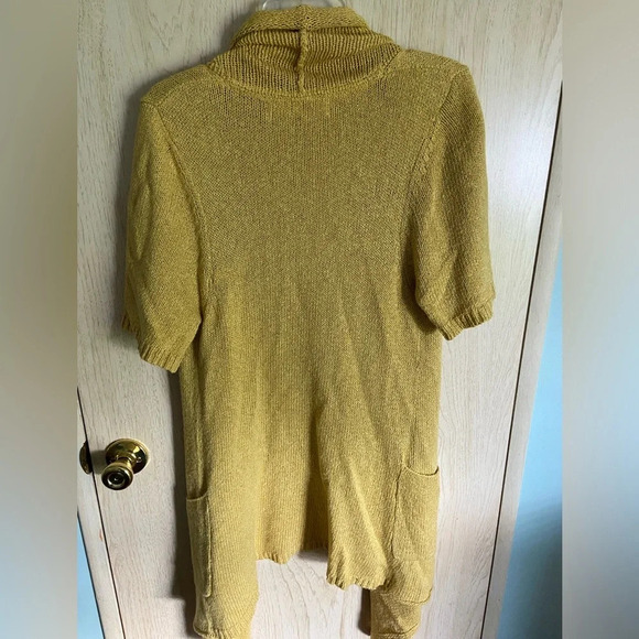 Sparrow Anthropologie Mustard Yellow Short Sleeve Open Cardigan sweater top Sz L - Picture 6 of 8